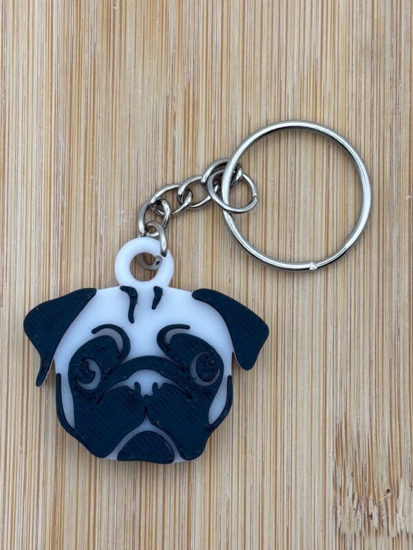 Pug Dog Face 3D Key Ring Key Chain Black And White Plastic