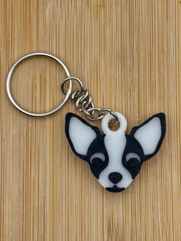 Cihuahua Dog Face 3D Key Ring Key Chain Black And White Plastic